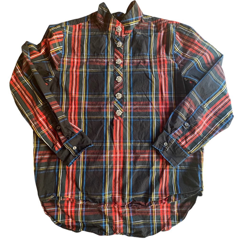 J.Crew Blk Tartan Plaid‎ High Neck Shirt Rhinestone Buttons Women's SZ 2 Holiday